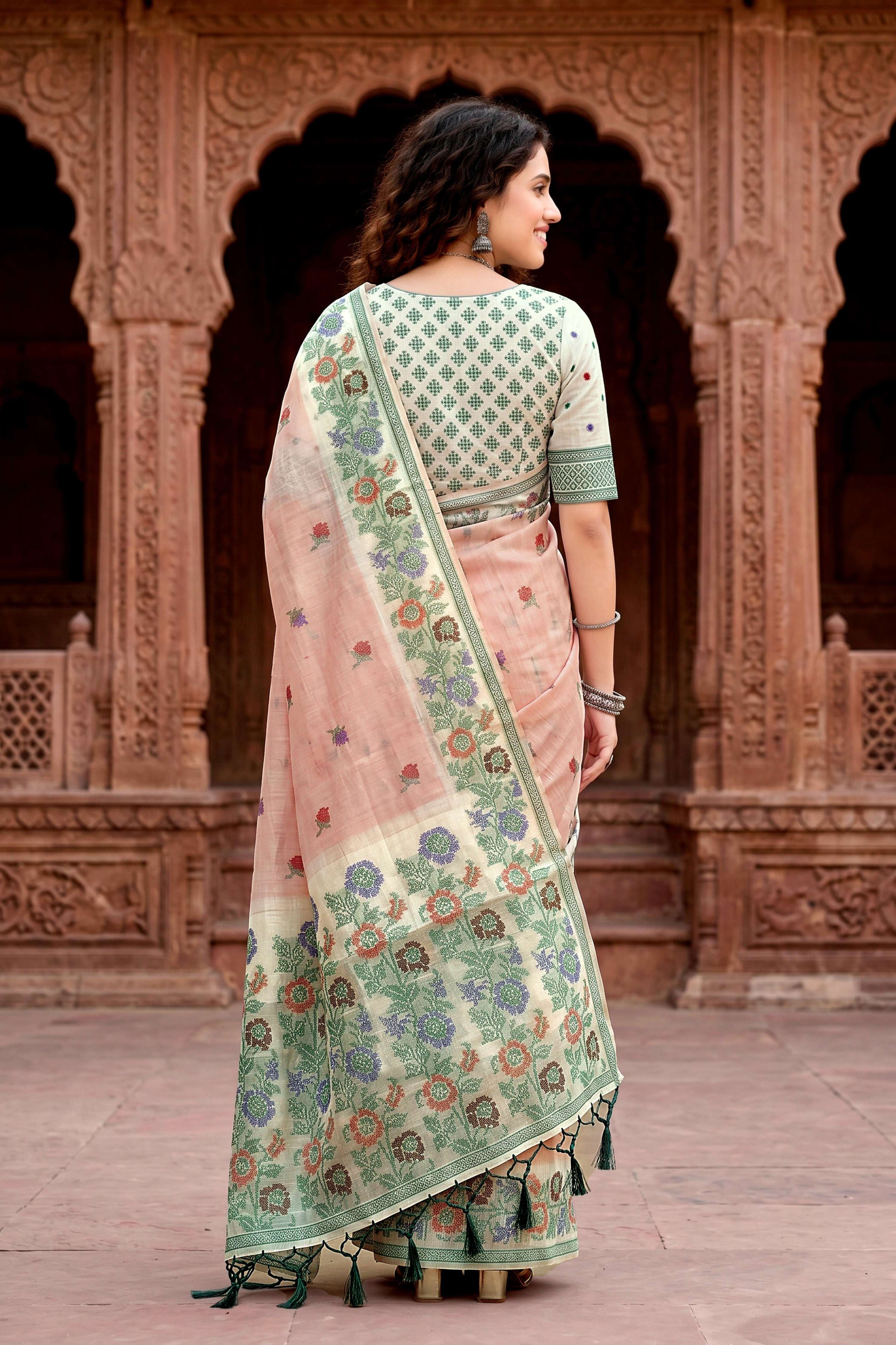 Sangam Prints Dusty Peach Cotton Blend Woven Work Traditional Saree | Grocsy