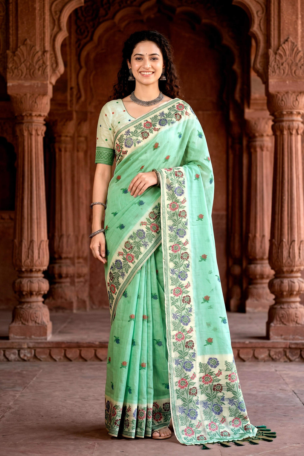 Sangam Prints Mint Green Cotton Blend Woven Work Traditional Saree | Grocsy