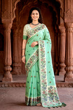 Sangam Prints Mint Green Cotton Blend Woven Work Traditional Saree | Grocsy