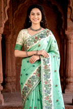 Sangam Prints Mint Green Cotton Blend Woven Work Traditional Saree | Grocsy