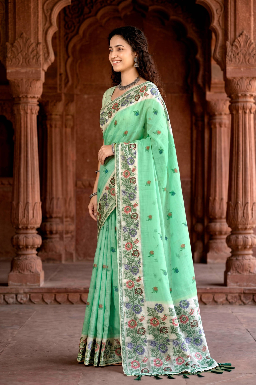Sangam Prints Mint Green Cotton Blend Woven Work Traditional Saree | Grocsy