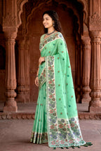 Sangam Prints Mint Green Cotton Blend Woven Work Traditional Saree | Grocsy