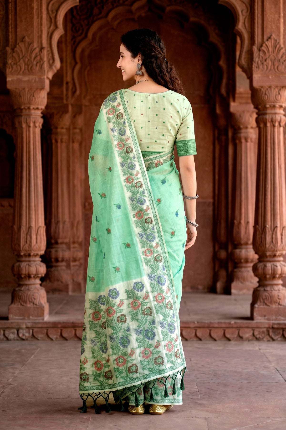 Sangam Prints Mint Green Cotton Blend Woven Work Traditional Saree | Grocsy