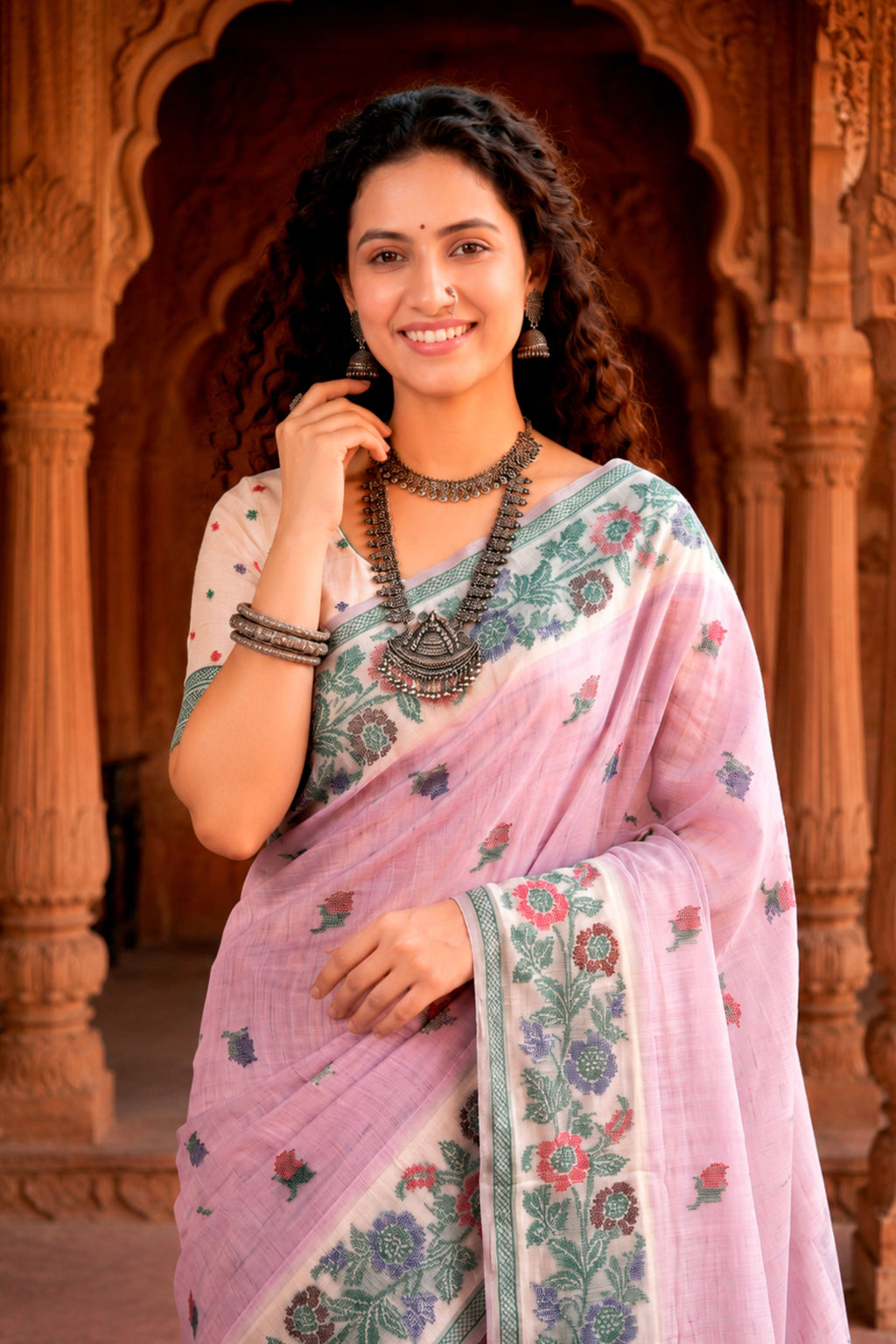 Sangam Prints Lavender Cotton Blend Woven Work Traditional Saree | Grocsy