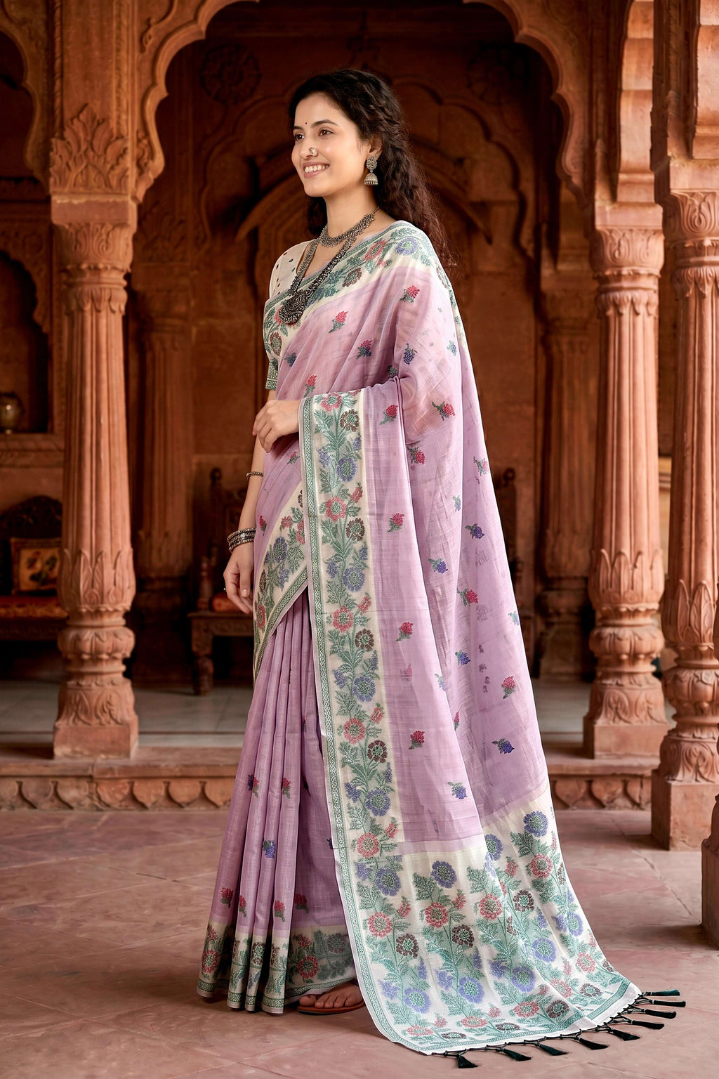 Sangam Prints Lavender Cotton Blend Woven Work Traditional Saree | Grocsy