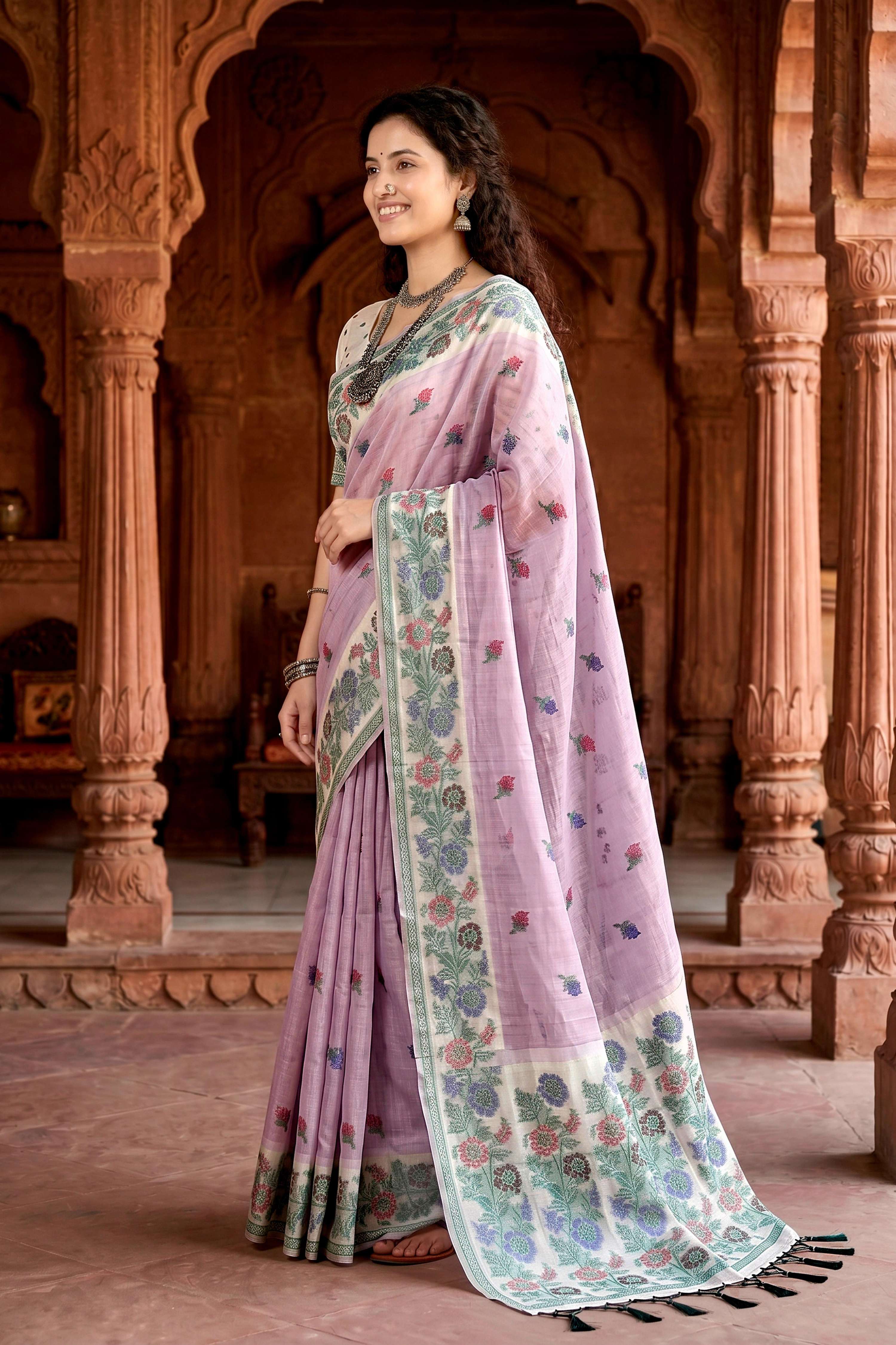 Sangam Prints Lavender Cotton Blend Woven Work Traditional Saree | Grocsy