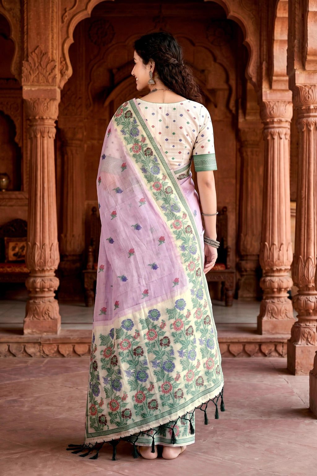 Sangam Prints Lavender Cotton Blend Woven Work Traditional Saree | Grocsy
