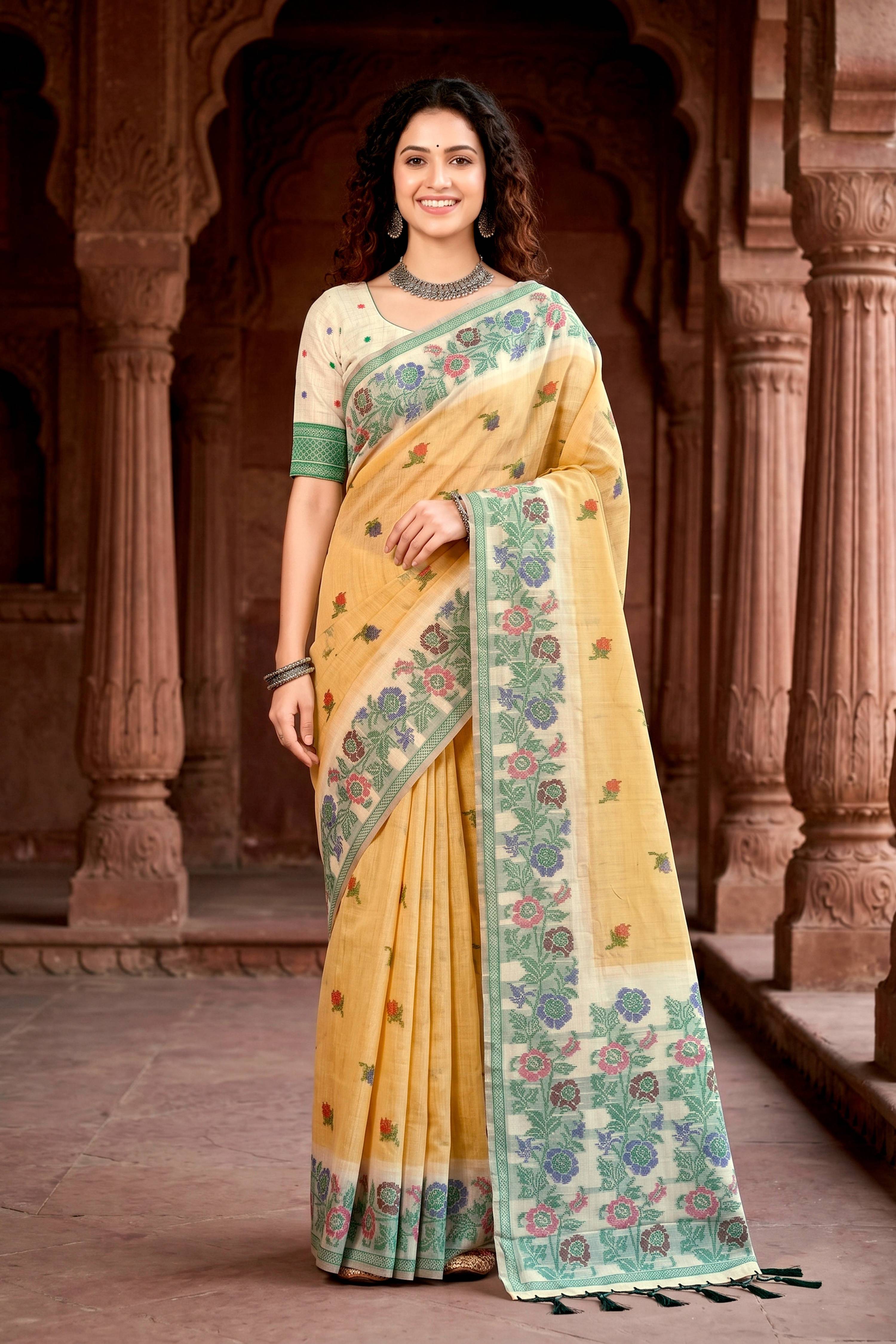 Sangam Prints Mustard Yellow Cotton Blend Woven Work Traditional Saree | Grocsy