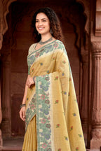 Sangam Prints Mustard Yellow Cotton Blend Woven Work Traditional Saree | Grocsy
