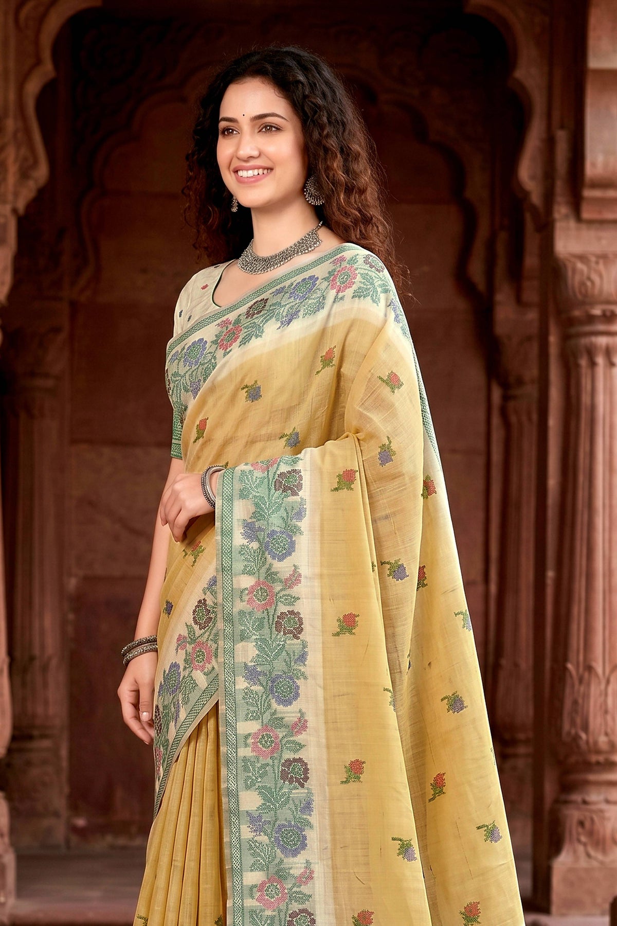 Sangam Prints Mustard Yellow Cotton Blend Woven Work Traditional Saree | Grocsy
