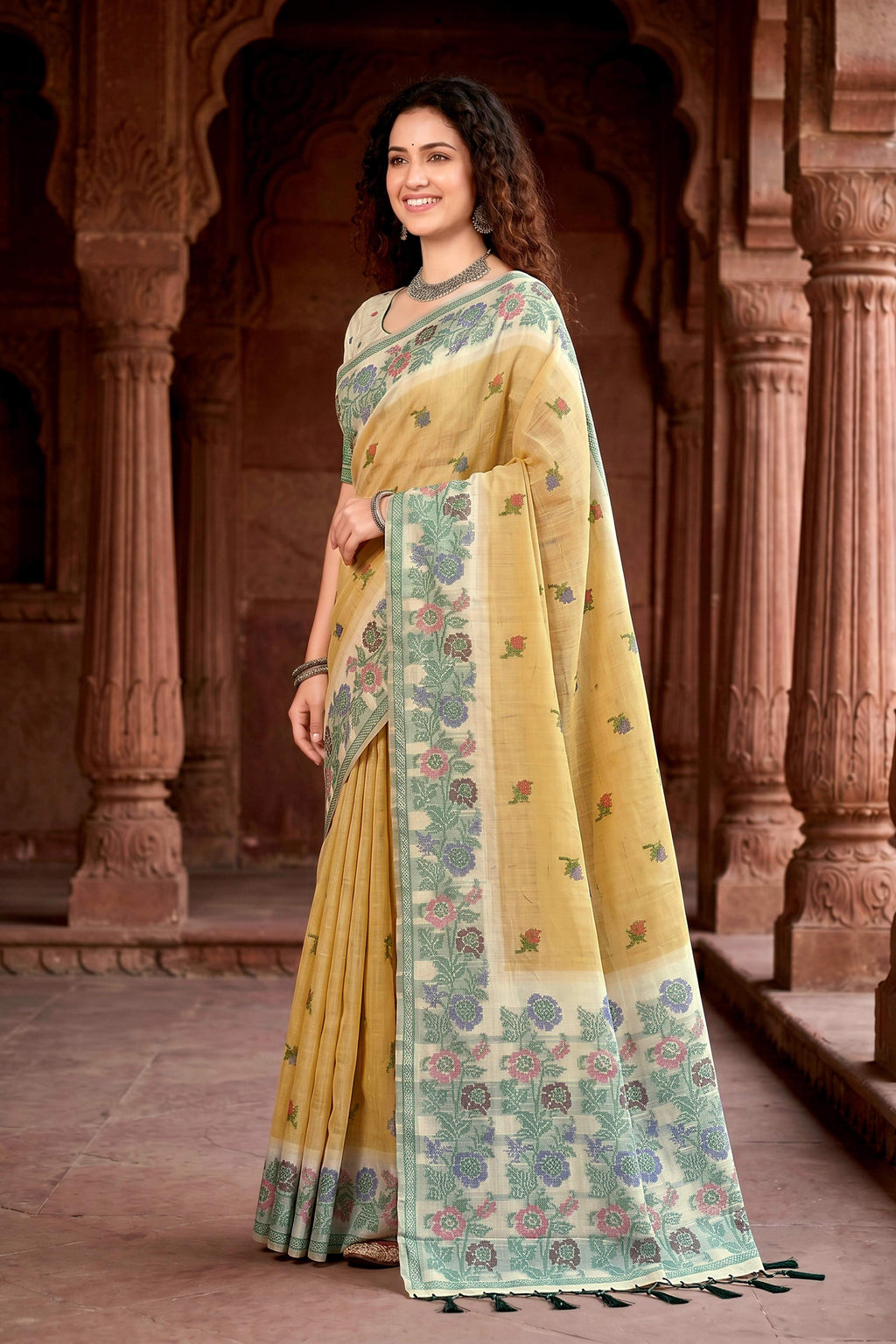 Sangam Prints Mustard Yellow Cotton Blend Woven Work Traditional Saree | Grocsy