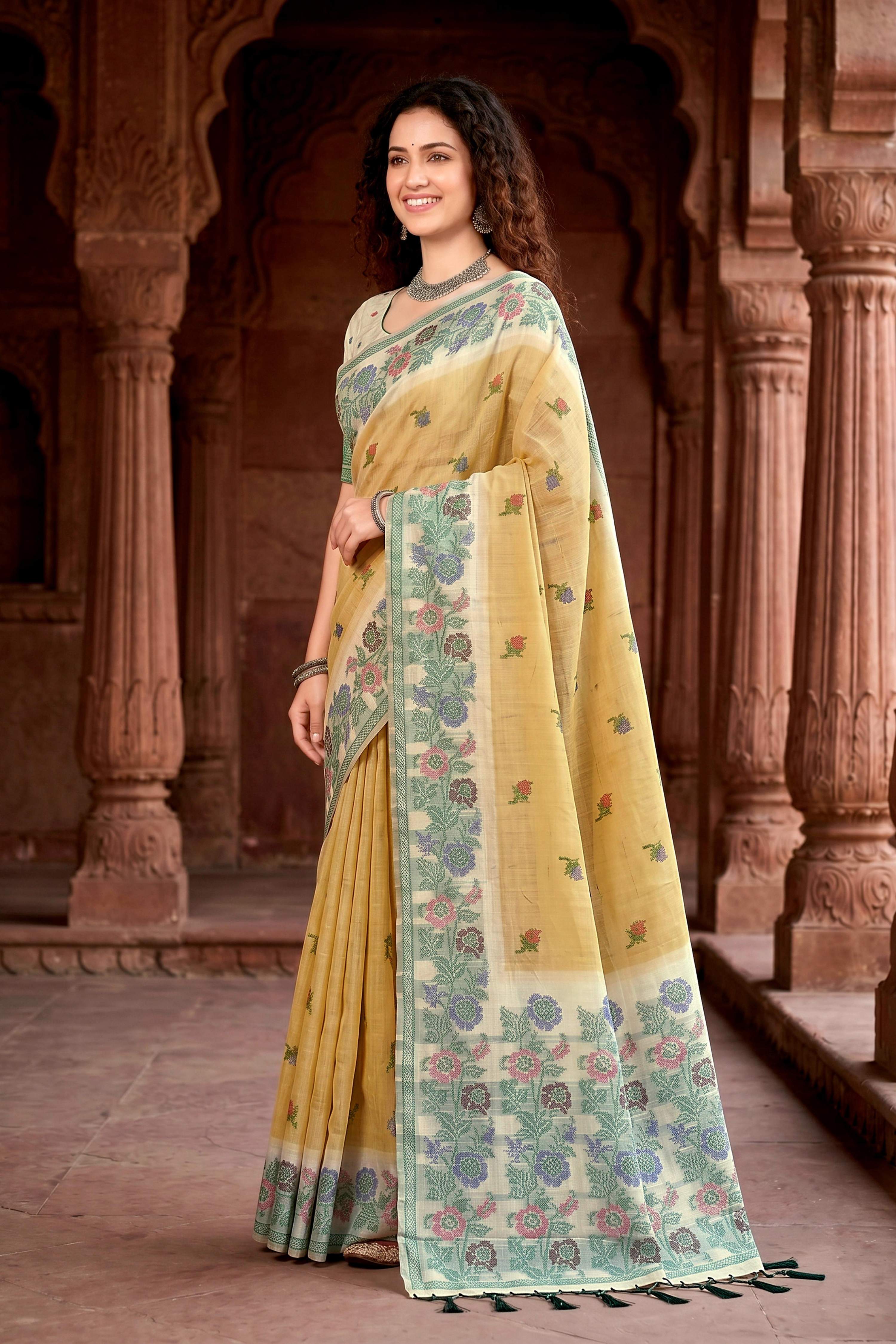 Sangam Prints Mustard Yellow Cotton Blend Woven Work Traditional Saree | Grocsy
