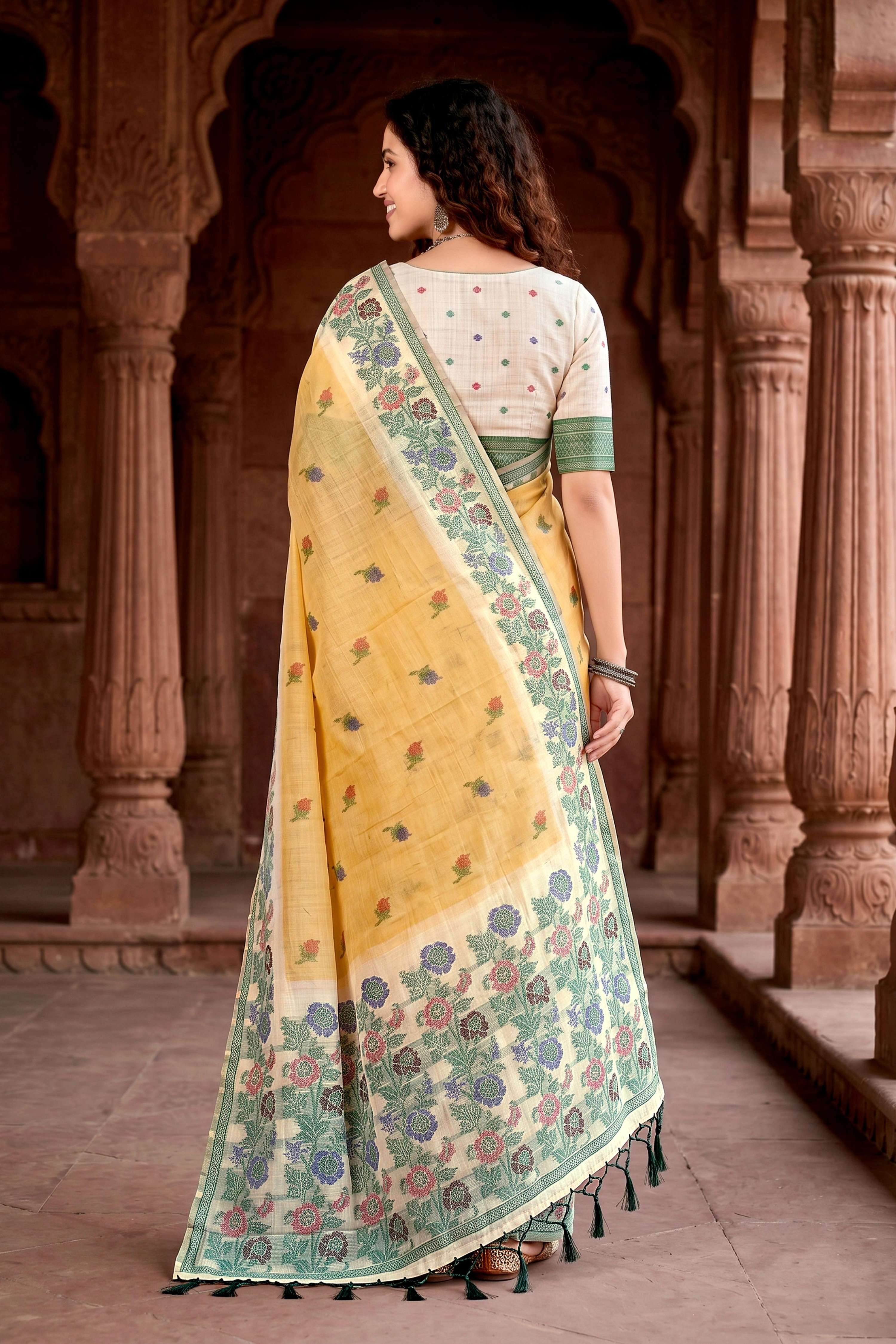 Sangam Prints Mustard Yellow Cotton Blend Woven Work Traditional Saree | Grocsy