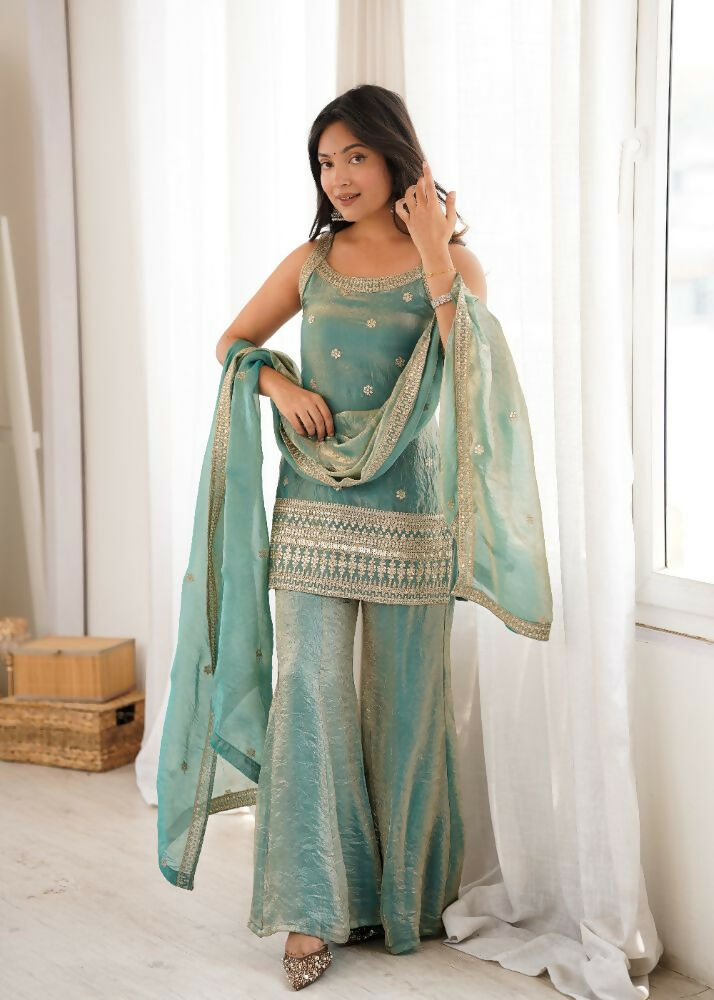 Teeya Creation Seafoam Green Embroidered Frendy Silk Sharara Suit Set | Grocsy