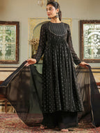Janasya Black Georgette Foil Print Kurta,Bottom & Dupatta | Grocsy