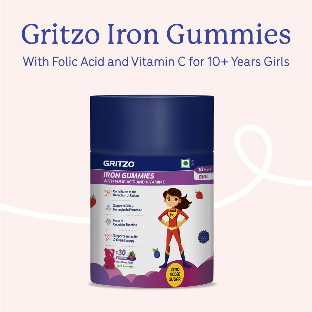 Gritzo Iron Gummies With Folic Acid & Vitamin C (10+y Girls) (Mixed Berry Flavour 30 Gummies) | Grocsy