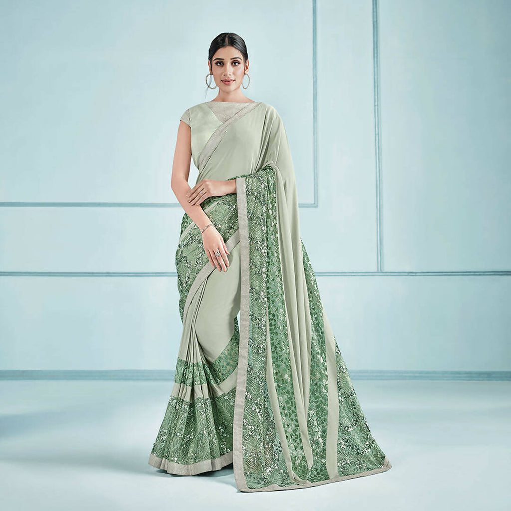 Sea Green Lycra Embroidery Saree with Unstitched Blouse Piece - Norita Elaura | Grocsy