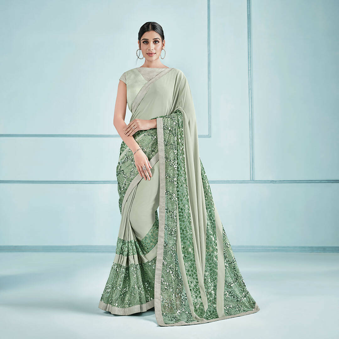 Sea Green Lycra Embroidery Saree with Unstitched Blouse Piece - Norita Elaura | Grocsy