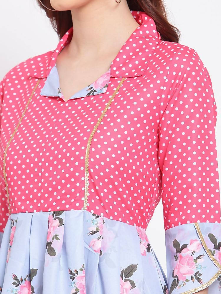 Myshka Women's Multi Printed Cotton Blend 3/4 Sleeve Shirt Coller Casual Dress | Grocsy