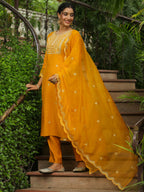 Janasya Mustard Silk Blend Embroidered Kurta,Bottom & Dupatta | Grocsy