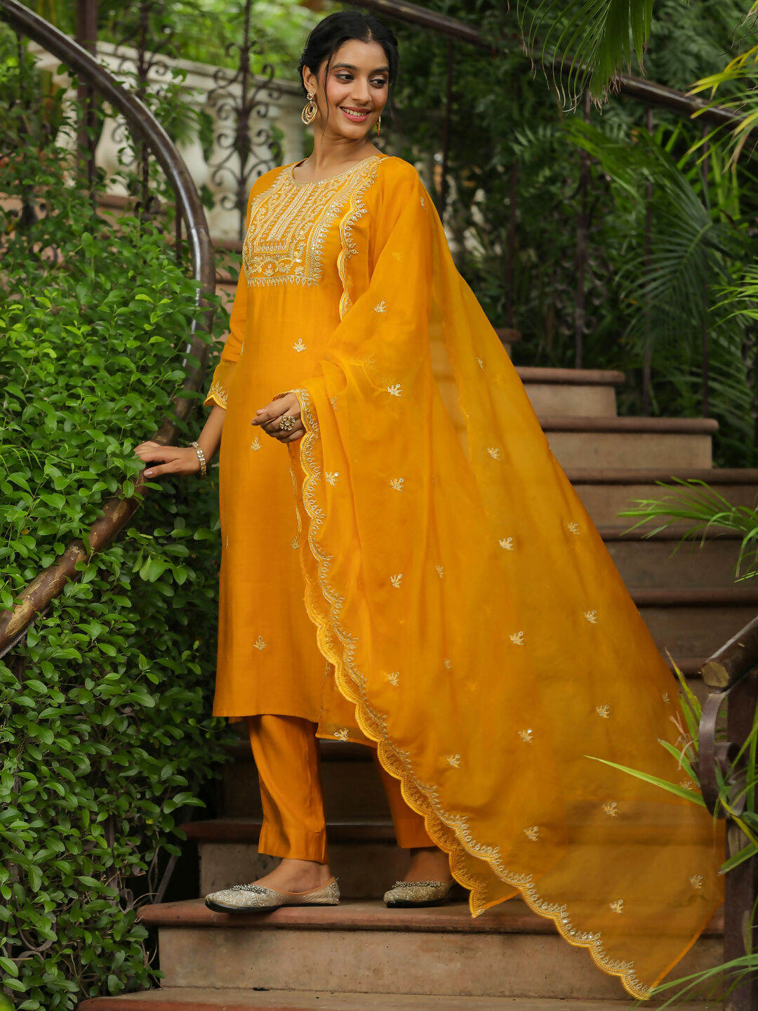Janasya Mustard Silk Blend Embroidered Kurta,Bottom & Dupatta | Grocsy