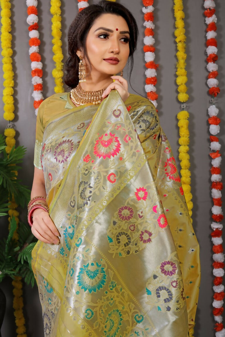 Jyoti Fashion Women's Mehndi Banarasi Silk Zari Woven Saree with Blouse | Grocsy