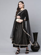 Ahalyaa Women Black Poly Silk Gold Printed Anarkali Kurta Palazzo Set With Dupatta | Grocsy