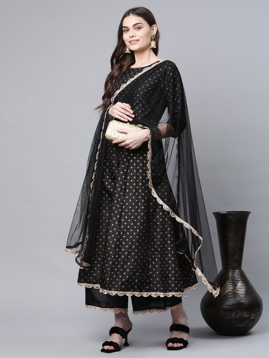 Ahalyaa Women Black Poly Silk Gold Printed Anarkali Kurta Palazzo Set With Dupatta | Grocsy