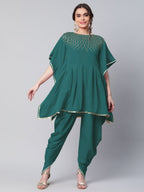 Ahalyaa Women Dark Green Crepe Glitter Printed Kurta with Dhoti Pants | Grocsy