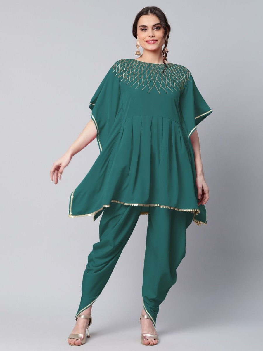 Ahalyaa Women Dark Green Crepe Glitter Printed Kurta with Dhoti Pants | Grocsy