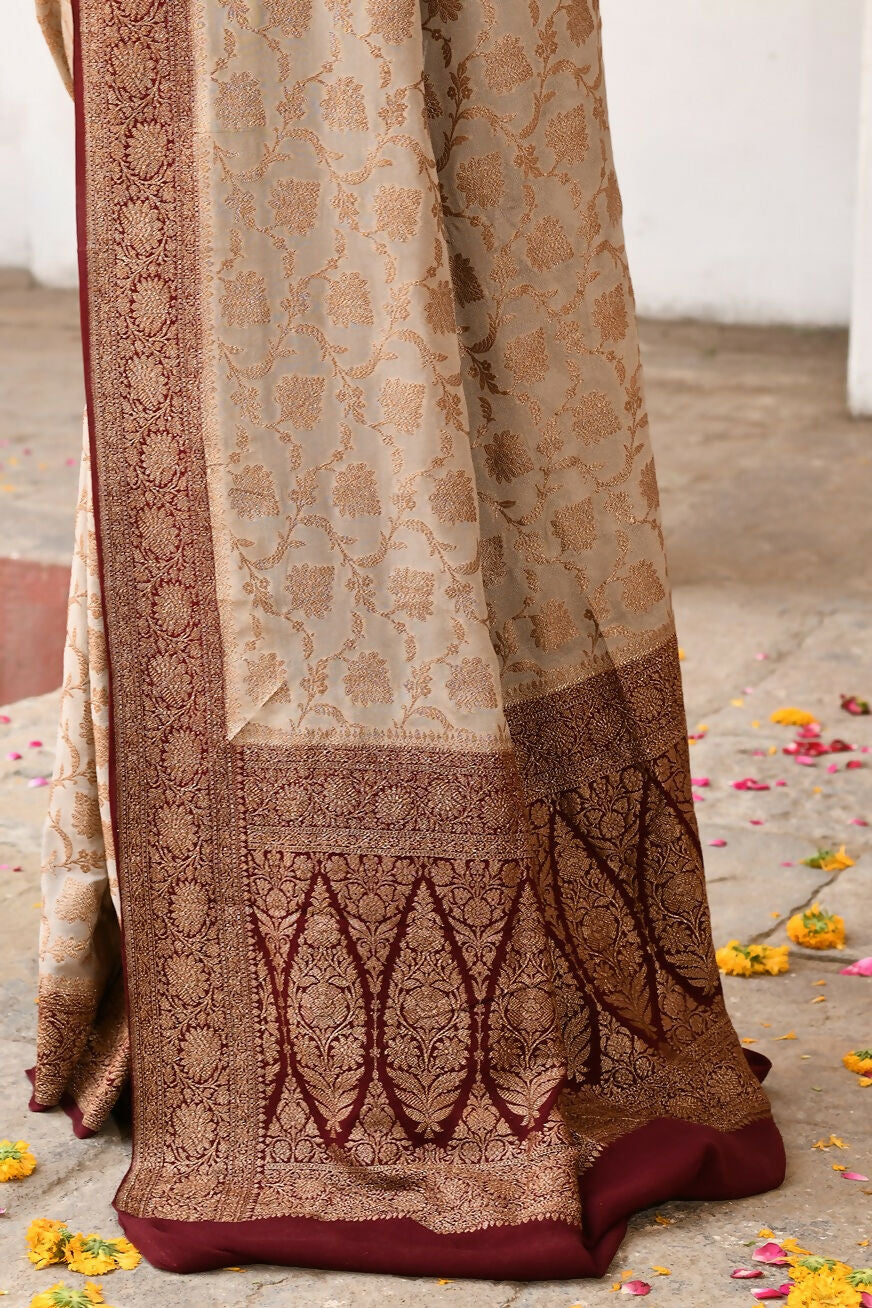 Joban Fashion Crème Crepe Chiffon Pure Handloom Banarasi Silk Saree | Grocsy