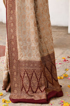 Joban Fashion Crème Crepe Chiffon Pure Handloom Banarasi Silk Saree | Grocsy