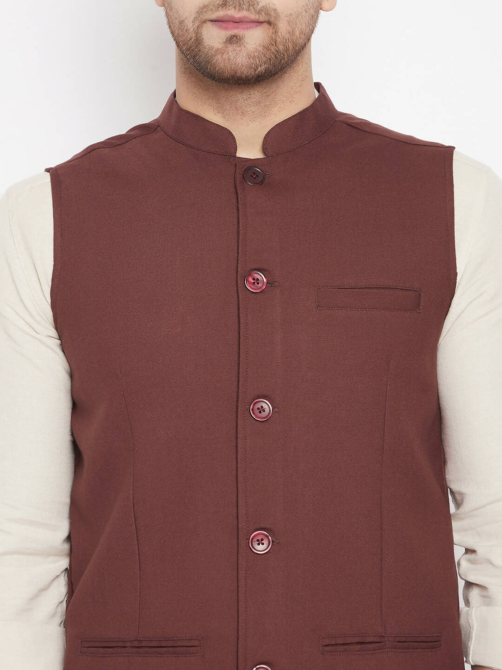 Even Apparels Maroon Merino Men Woven Nehru Jacket | Grocsy