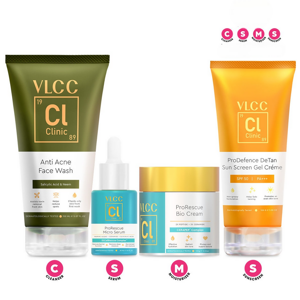 VLCC Clinic Acne Control Regime CSMS (Cleanser, Serum, Moisturizer, Sunscreen) For Acne Care Combo | Grocsy