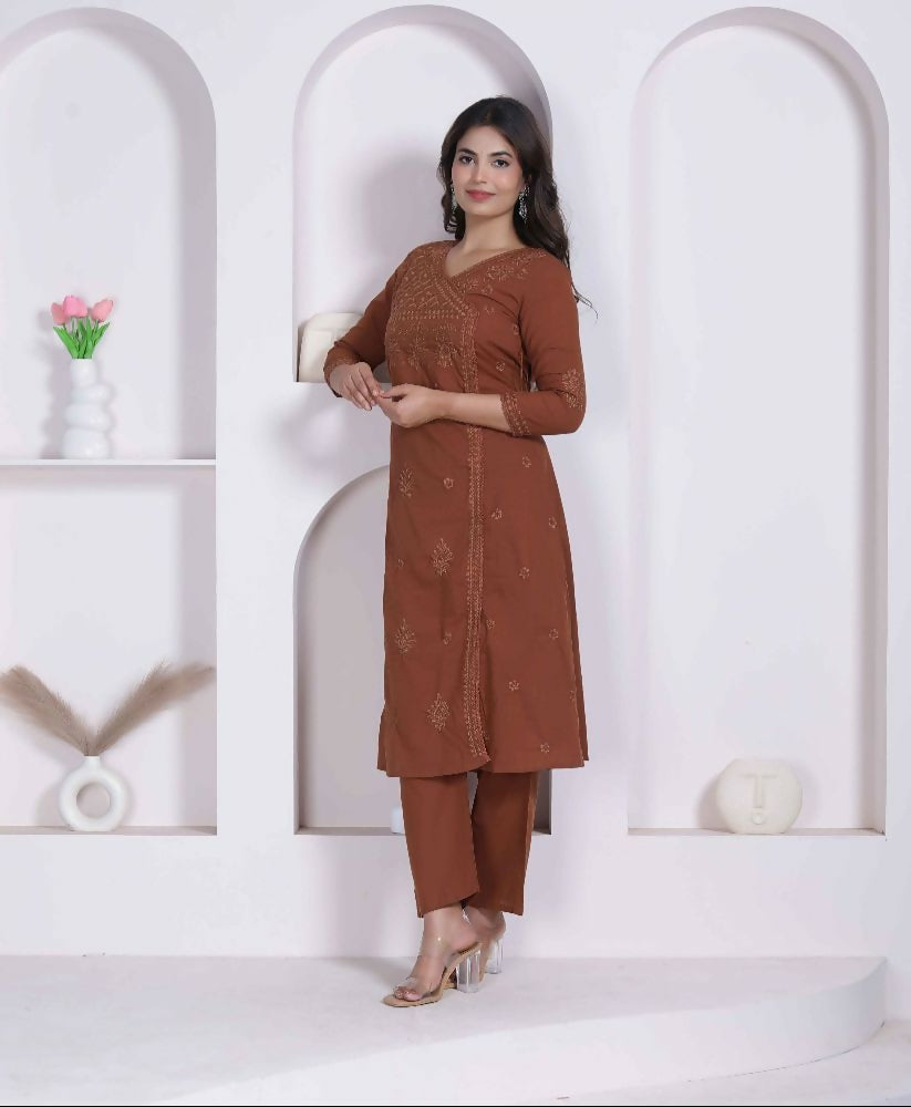 Miravan Womens Brown Floral Printed Angrakha Style Kurta With Palazzo | Grocsy