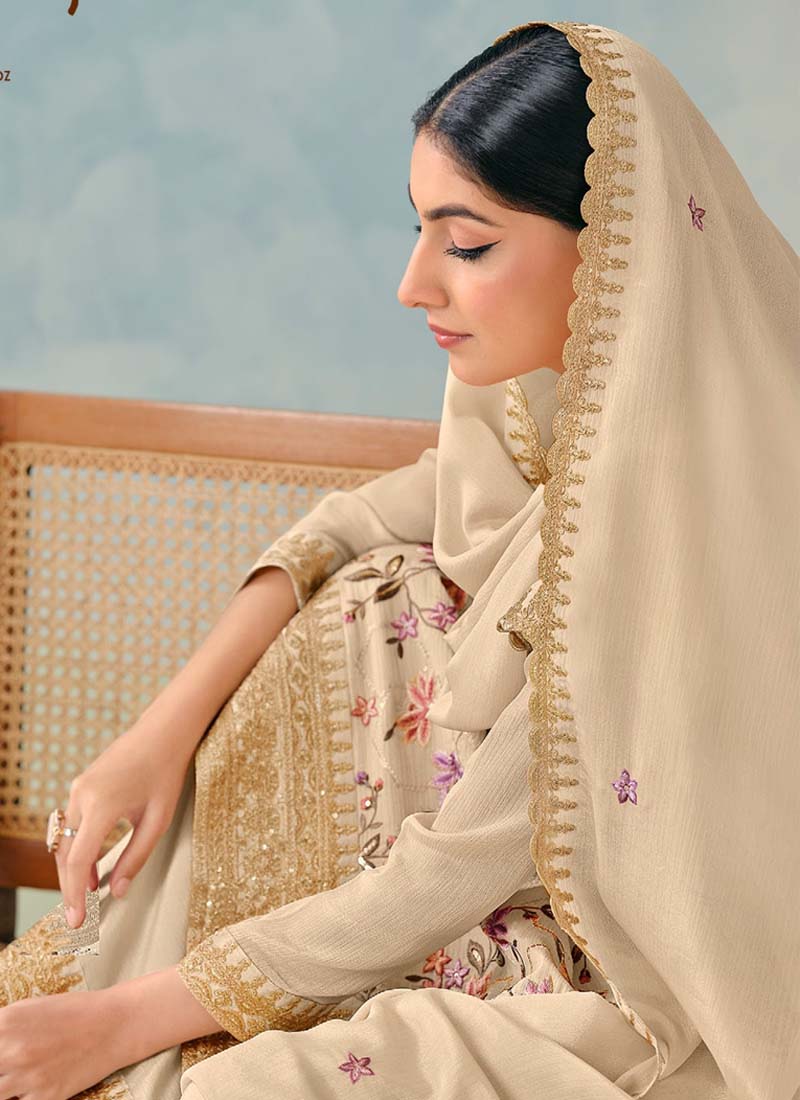 Vegaa Fashion Cream Premium Chinon Embroidered Palazzo Suit | Grocsy