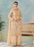 Vegaa Fashion Cream Premium Chinon Embroidered Palazzo Suit | Grocsy