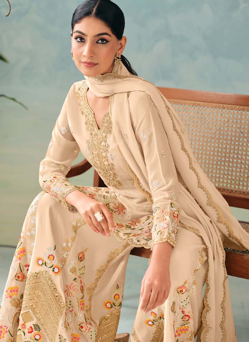 Vegaa Fashion Cream Premium Chinon Embroidered Palazzo Suit | Grocsy