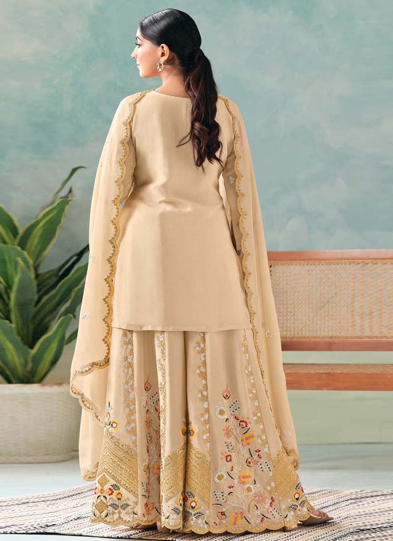 Vegaa Fashion Cream Premium Chinon Embroidered Palazzo Suit | Grocsy