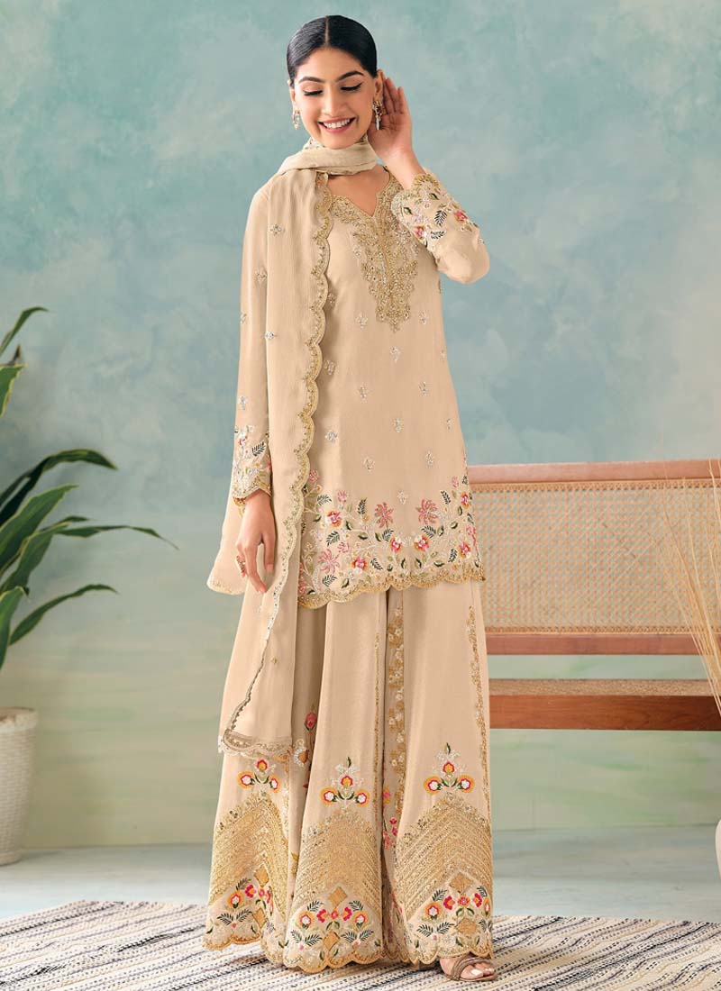 Vegaa Fashion Cream Premium Chinon Embroidered Palazzo Suit | Grocsy