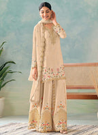Vegaa Fashion Cream Premium Chinon Embroidered Palazzo Suit | Grocsy