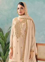 Vegaa Fashion Cream Premium Chinon Embroidered Palazzo Suit | Grocsy