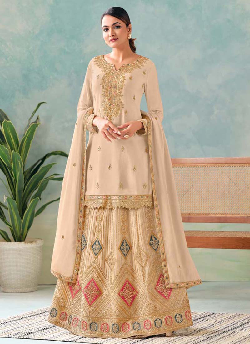 Vegaa Fashion Cream Premium Chinon Embroidered Palazzo Suit | Grocsy