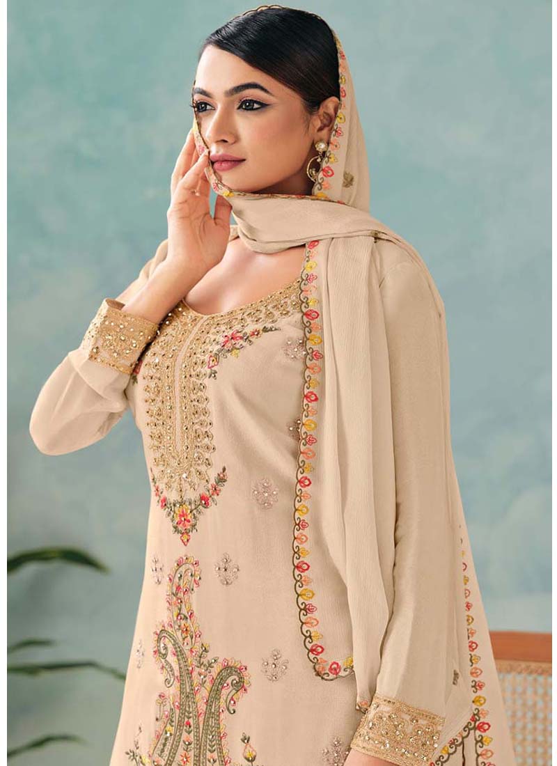 Vegaa Fashion Cream Premium Chinon Embroidered Palazzo Suit | Grocsy