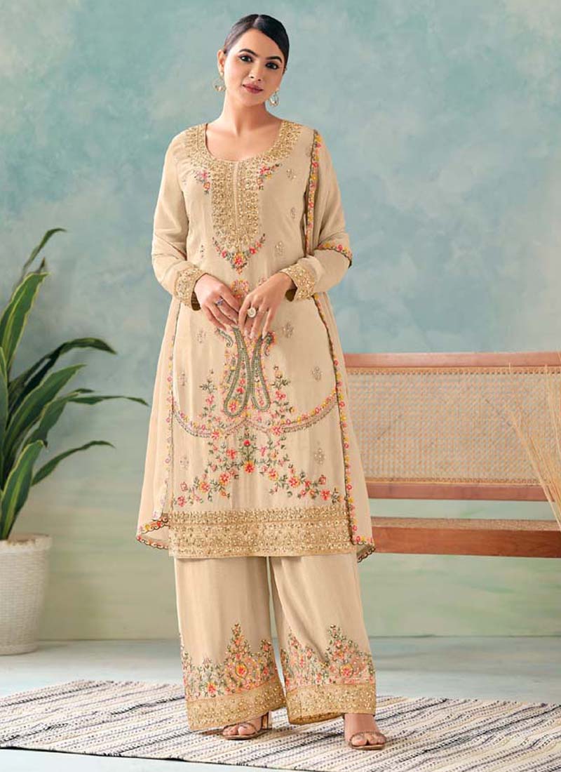 Vegaa Fashion Cream Premium Chinon Embroidered Palazzo Suit | Grocsy
