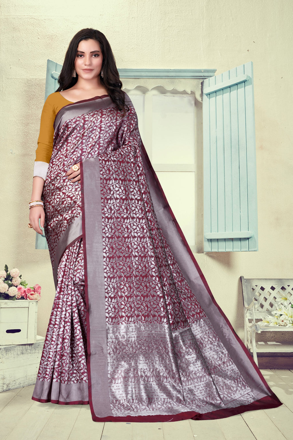 Vedant Vastram Litchi Silk Designer Banarasi Saree - Maroon | Grocsy