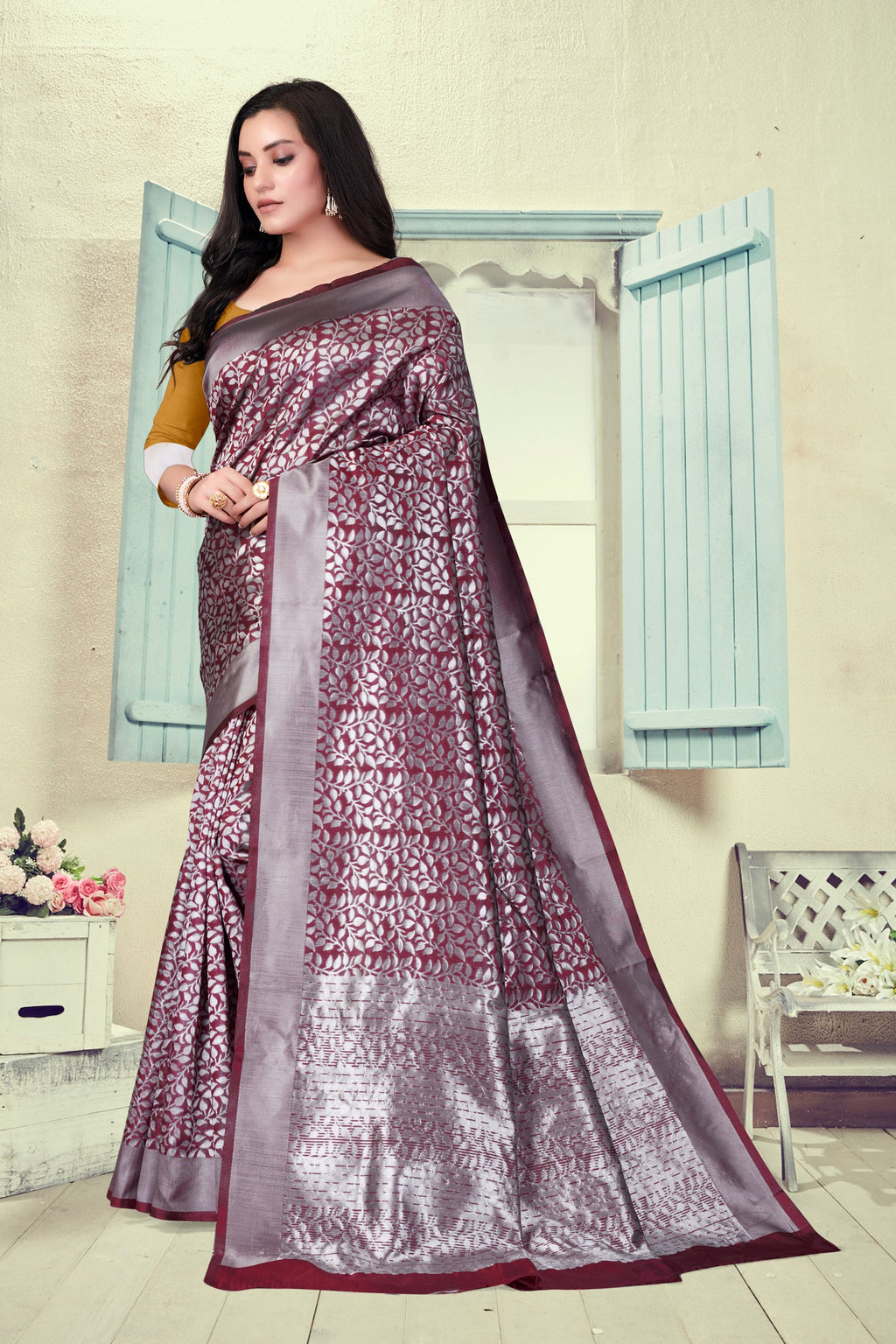 Vedant Vastram Litchi Silk Designer Banarasi Saree - Maroon | Grocsy