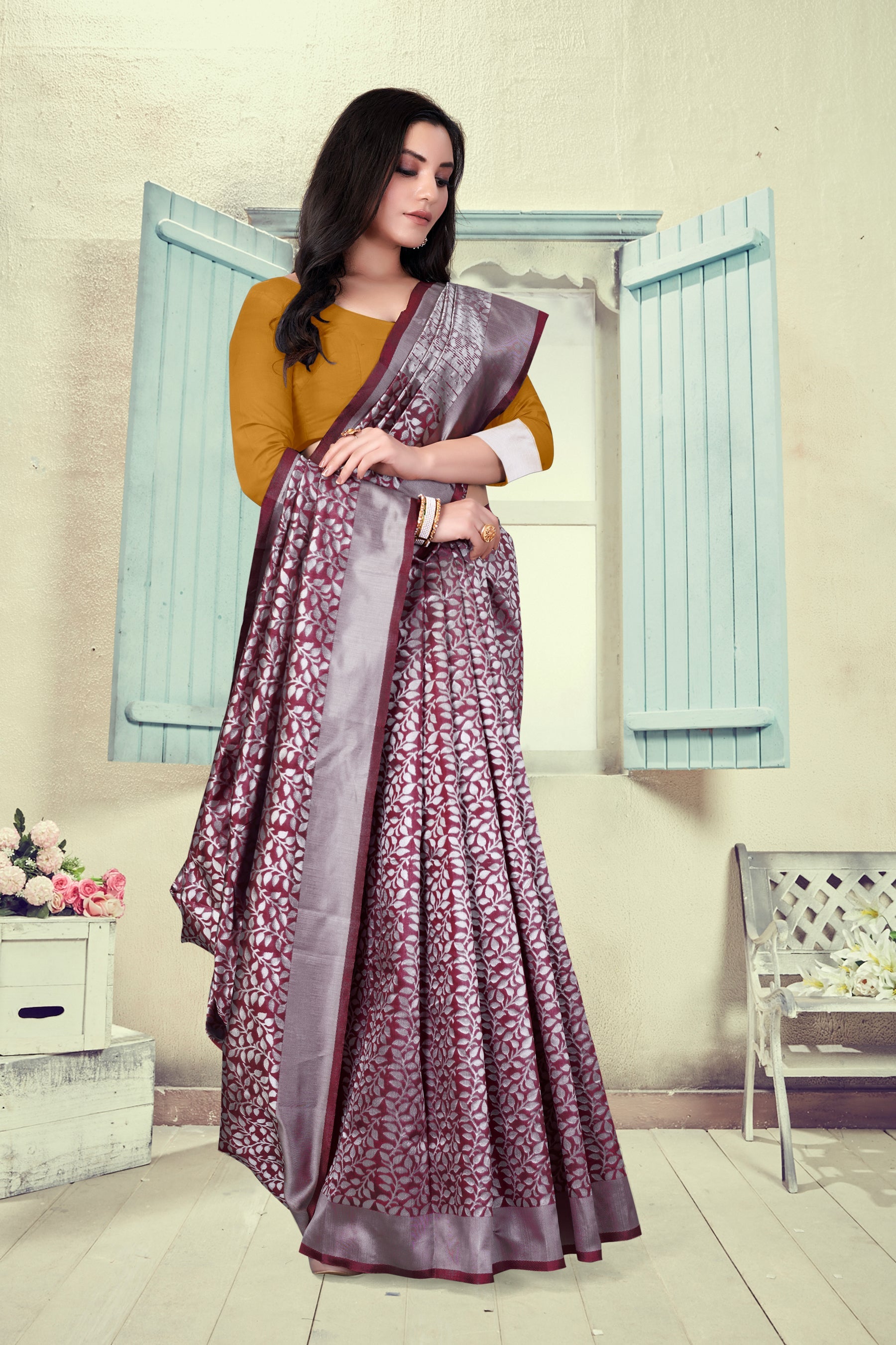 Vedant Vastram Litchi Silk Designer Banarasi Saree - Maroon | Grocsy