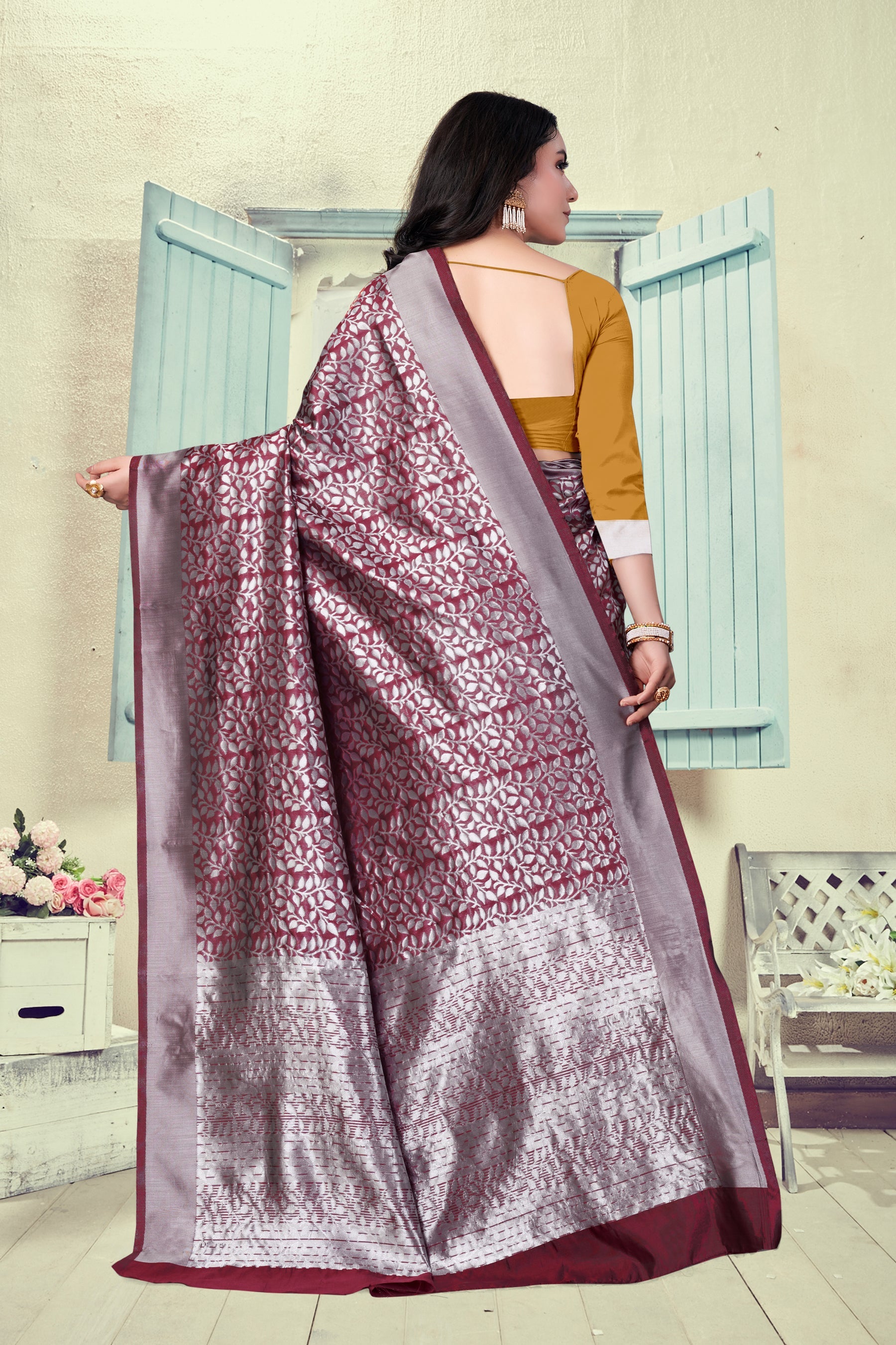 Vedant Vastram Litchi Silk Designer Banarasi Saree - Maroon | Grocsy