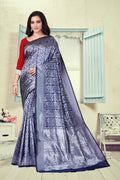 Vedant Vastram Litchi Silk Designer Banarasi Saree - Navy Blue | Grocsy